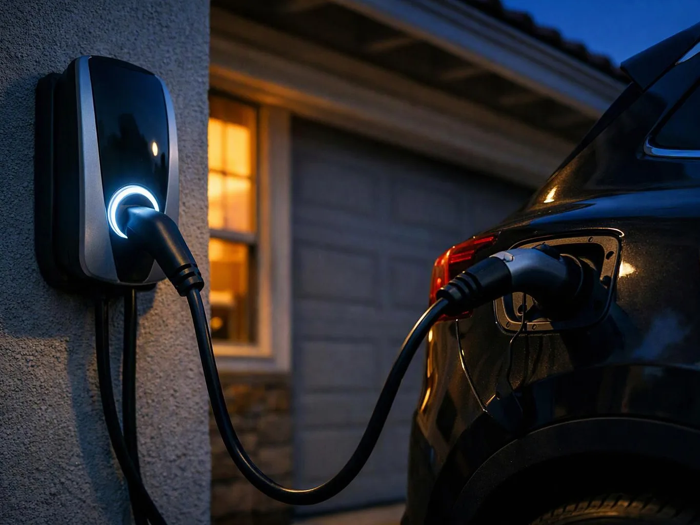 A black electric car charges from a wall-mounted home charger beside a house at dusk