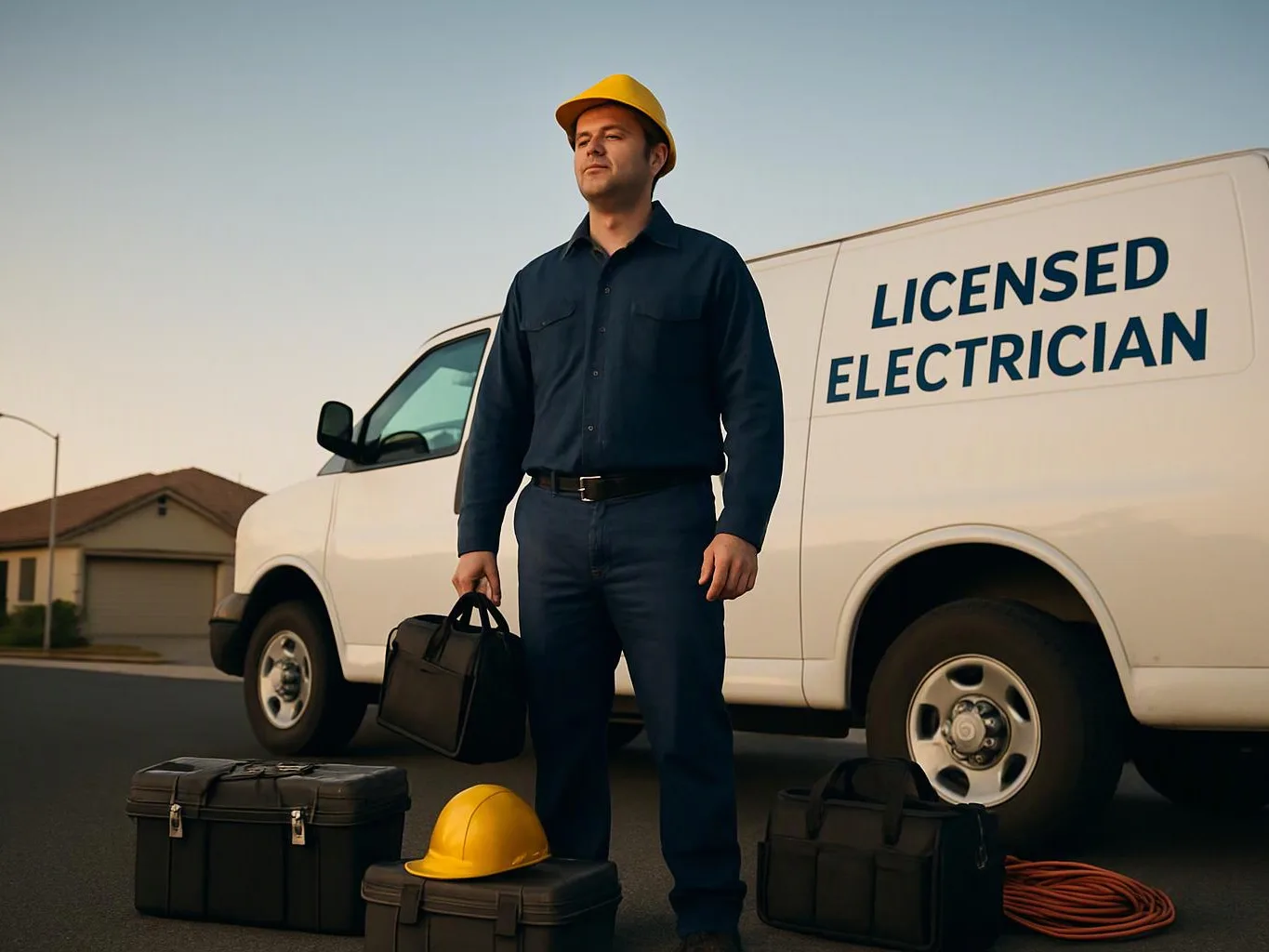 A man in a yellow hard hat stands beside a white utility van marked “LICENSED ELECTRICIAN,” holding a tool bag on a suburban street