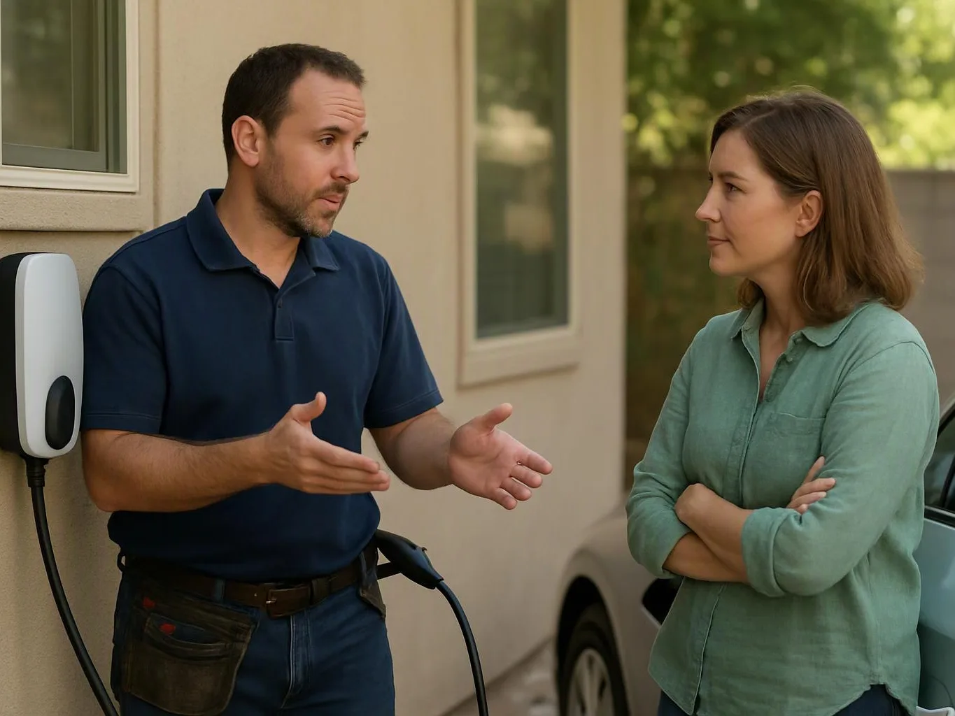 A man gestures while talking to a woman beside a wall-mounted EV charger near a parked car