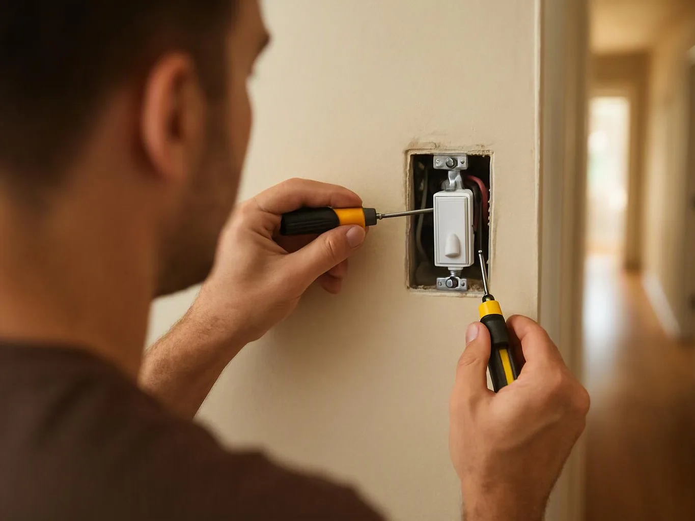 A man uses two screwdrivers to install a wall switch in a hallway opening