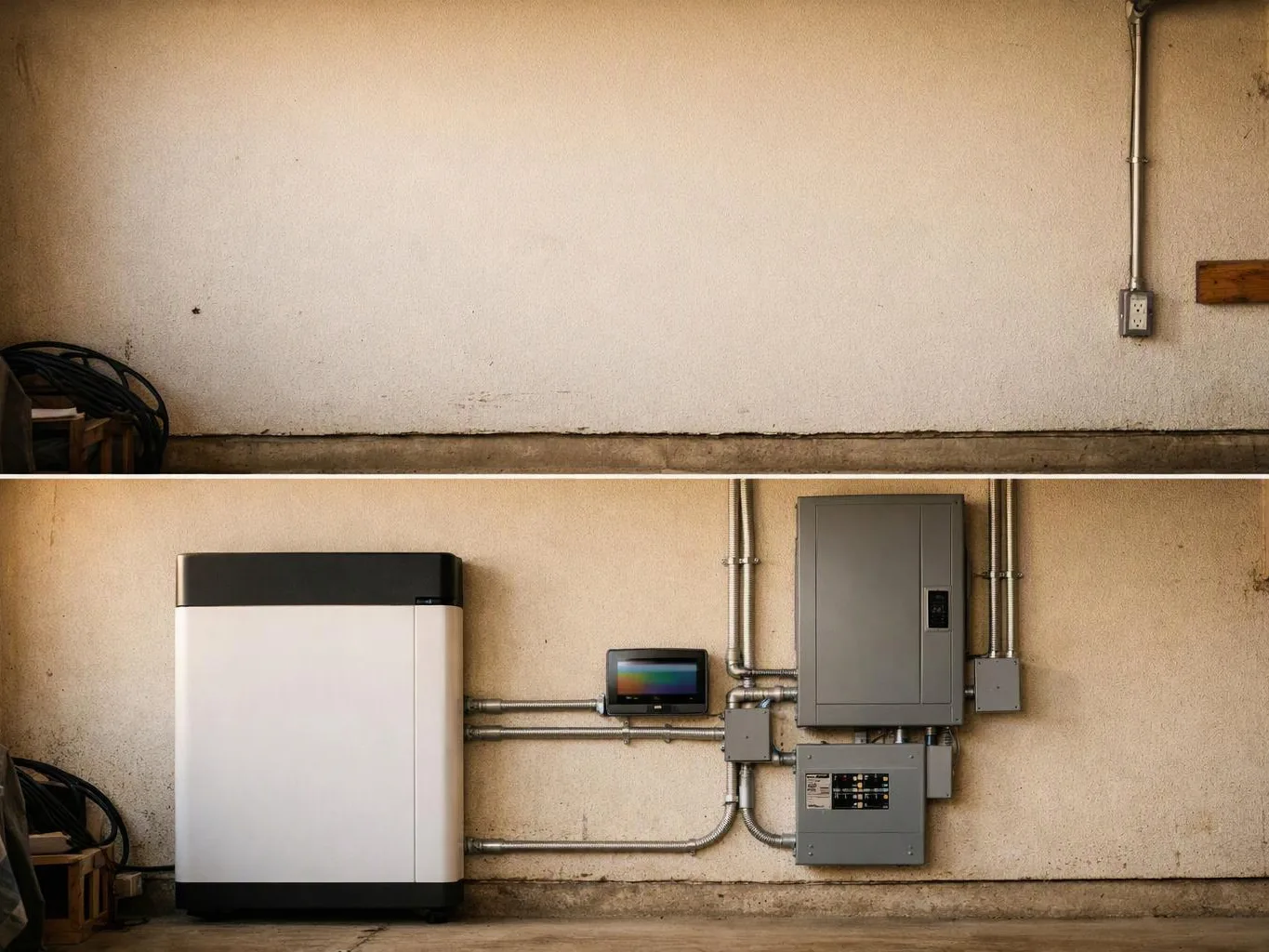 A plain garage wall before and after installation shows electrical boxes, conduit, and a large white battery unit