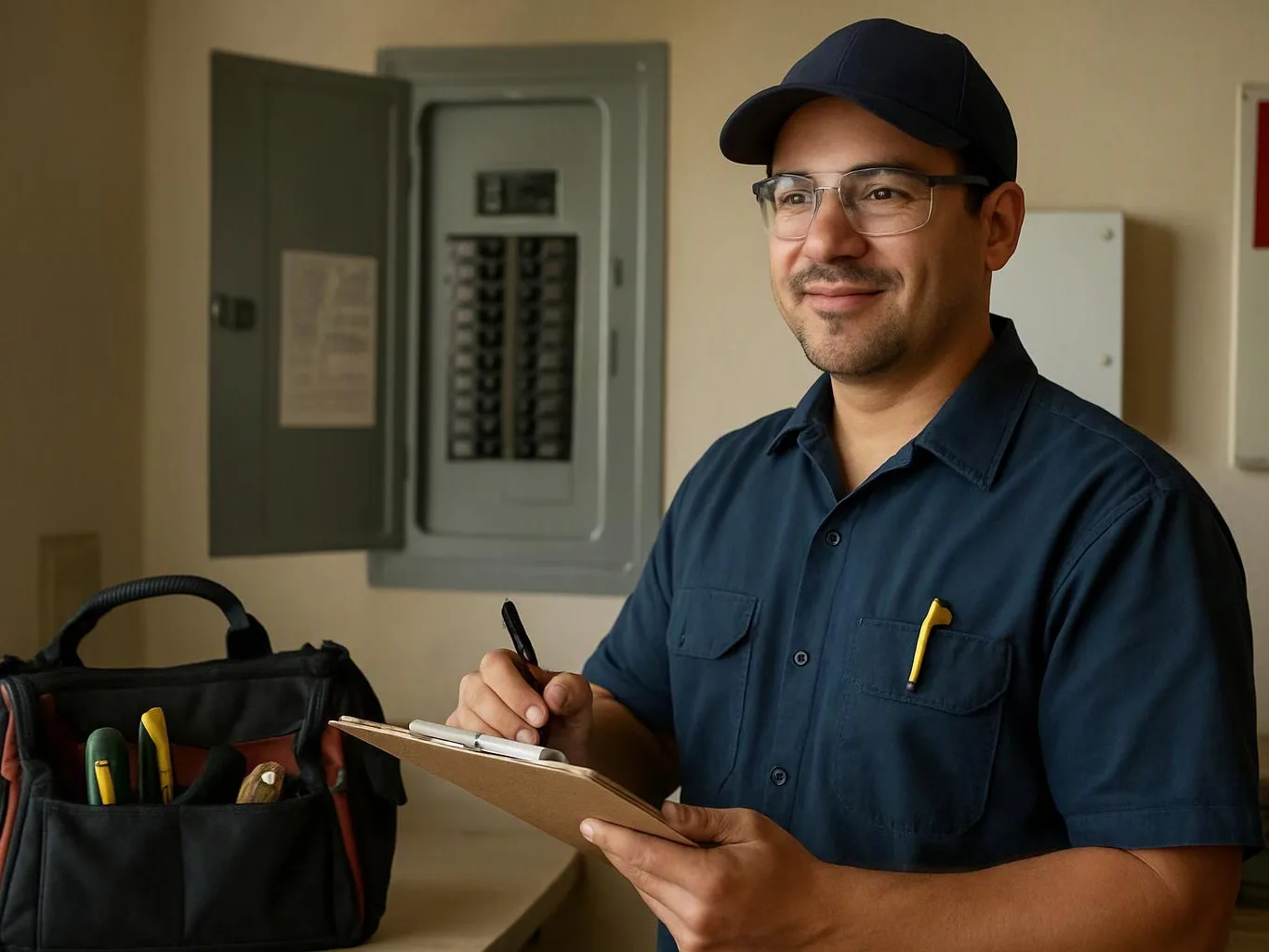A smiling technician in a navy uniform writes on a clipboard beside an open electrical panel indoors