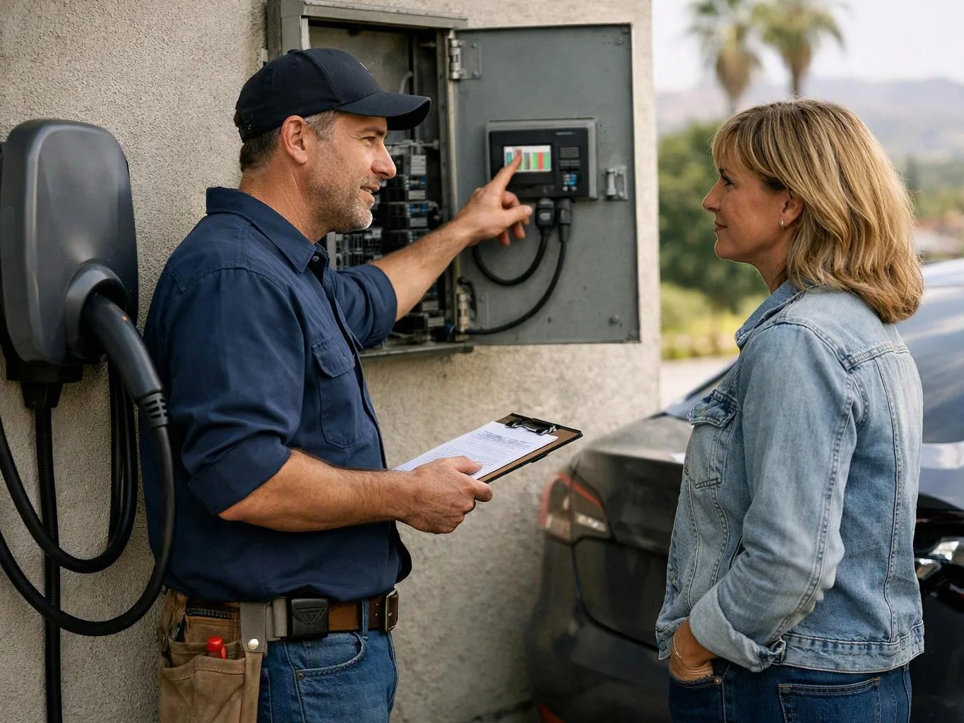 A technician points at an open electrical panel while speaking to a woman beside an electric car charger outdoors
