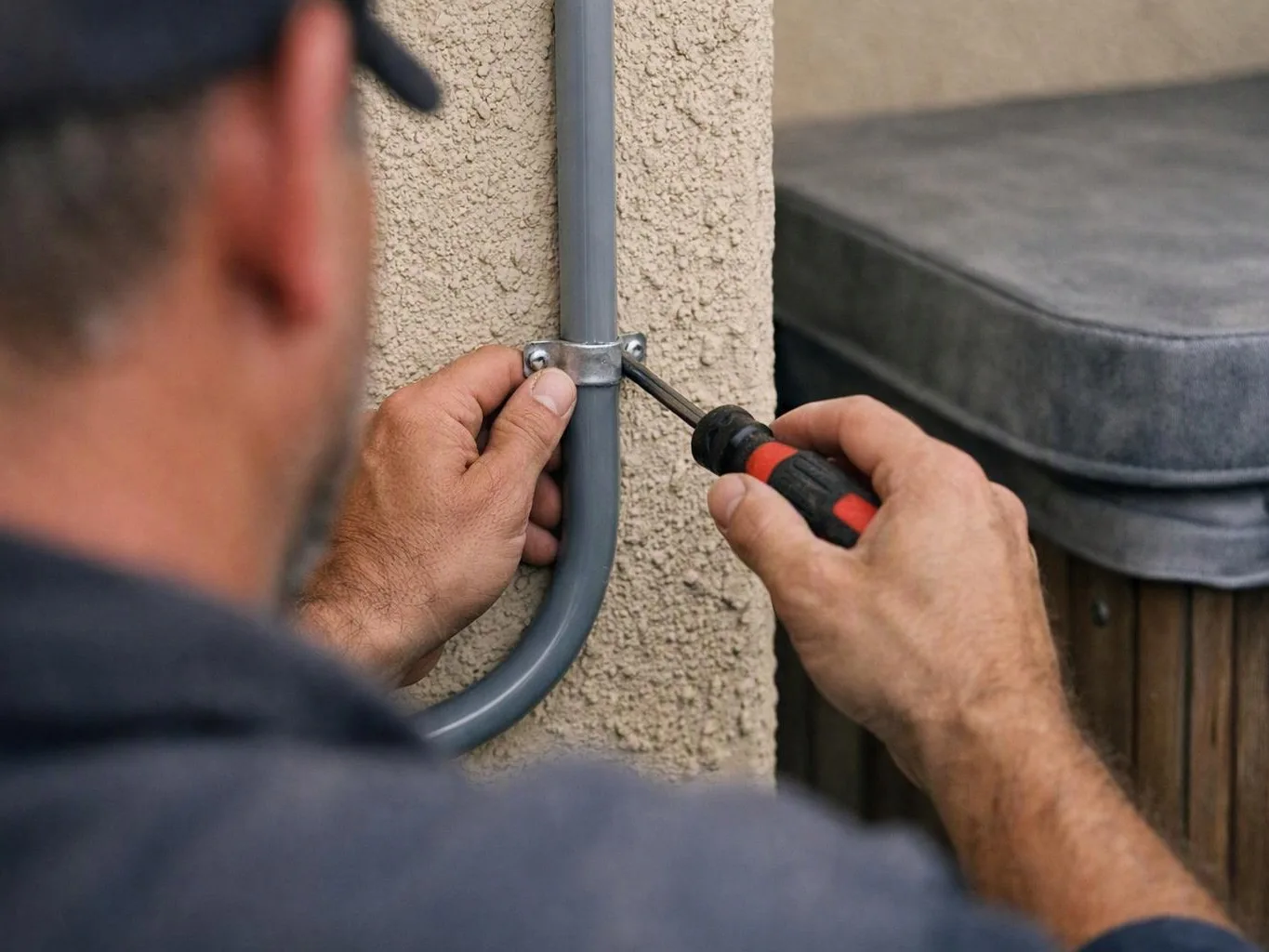 A worker tightens a metal clamp on a gray pipe attached to a stucco wall